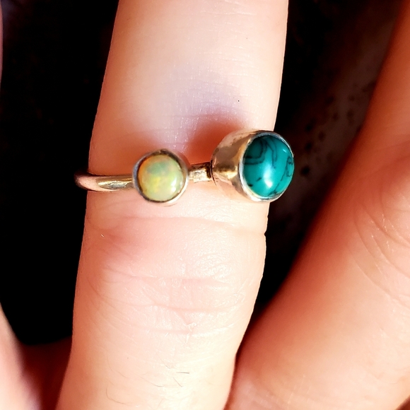 New Ethiopian Opal & Turquoise Thin Silver Band Ring. - Picture 14 of 15